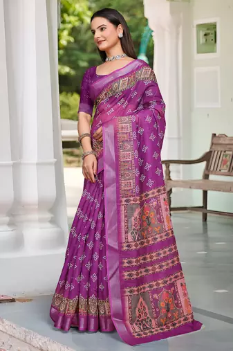 purple pink cotton blend digital print saree