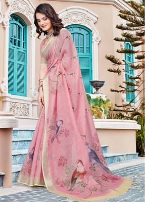 pink cream cotton blend saree with floral print 3