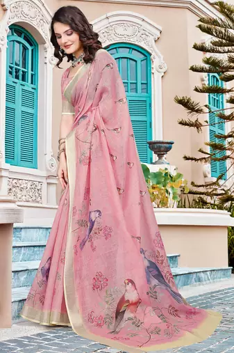 pink cream cotton blend saree with floral print