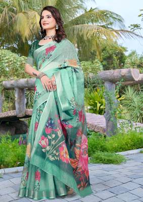 sea green cotton blend digital print saree 5