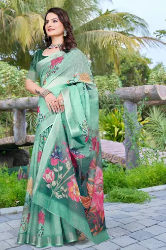 sea green cotton blend digital print saree
