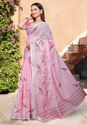 pink cotton blend saree floral border print 2