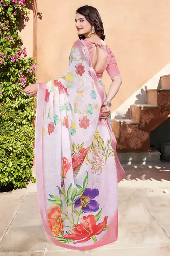 white cotton blend digital print saree