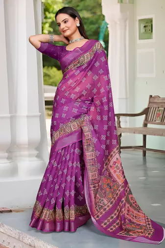 purple pink cotton blend digital print saree