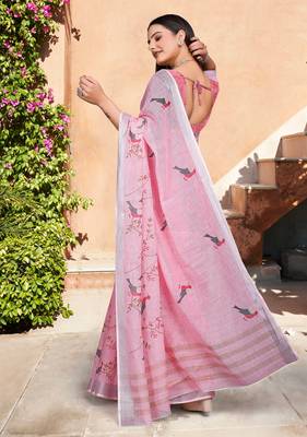 pink cotton blend saree floral border print 3