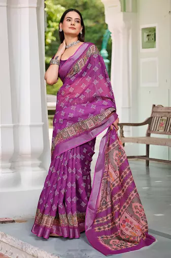 purple pink cotton blend digital print saree