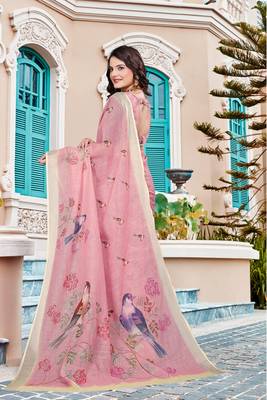 pink cream cotton blend saree with floral print 5