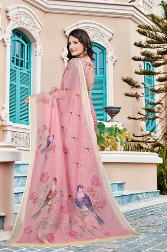 pink cream cotton blend saree with floral print