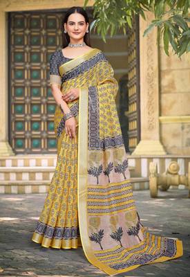 yellow grey cotton blend digital print saree 1
