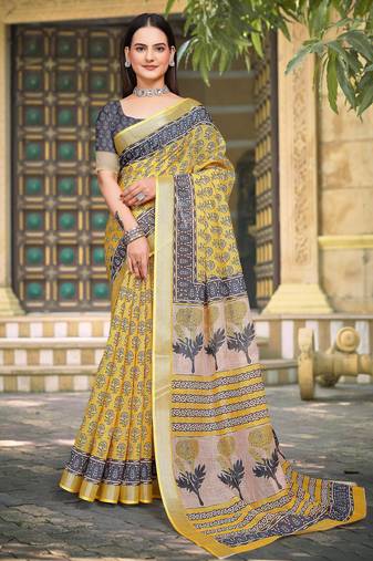 yellow grey cotton blend digital print saree