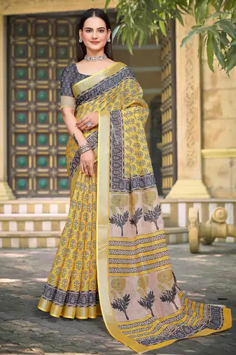 yellow grey cotton blend digital print saree