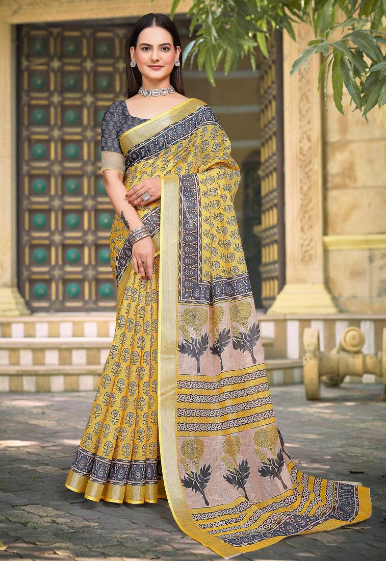 yellow grey cotton blend digital print saree