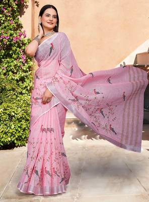 pink cotton blend saree floral border print 4