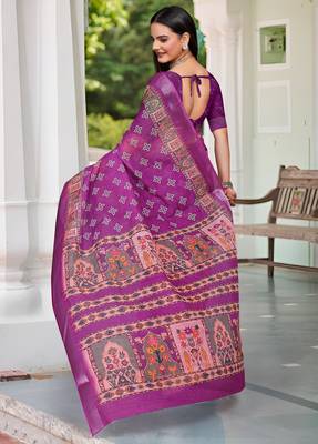 purple pink cotton blend digital print saree 5