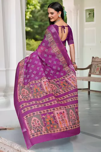 purple pink cotton blend digital print saree