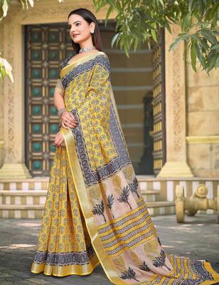yellow grey cotton blend digital print saree 2