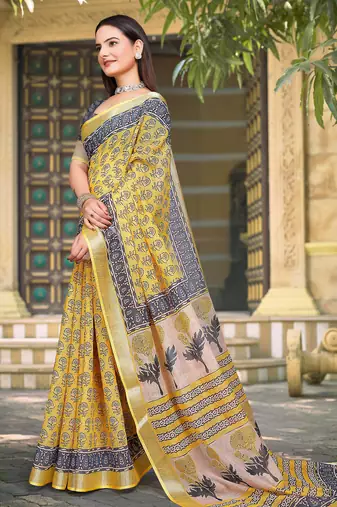 yellow grey cotton blend digital print saree