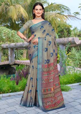 grey blue cotton blend digital print saree (sfcl111) 1