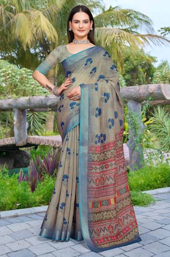 grey blue cotton blend digital print saree