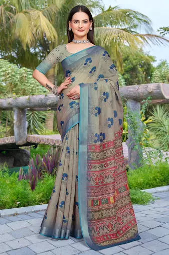 grey blue cotton blend digital print saree (sfcl111)