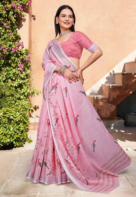 pink cotton blend saree floral border print 5