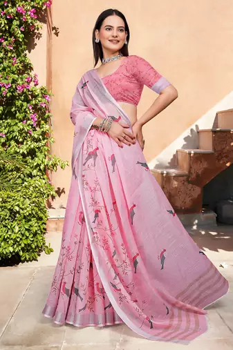 pink cotton blend saree floral border print