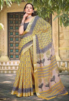 yellow grey cotton blend digital print saree 3