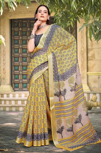 yellow grey cotton blend digital print saree