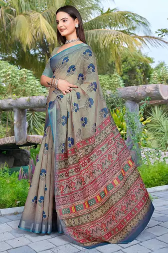 grey blue cotton blend digital print saree (sfcl111)