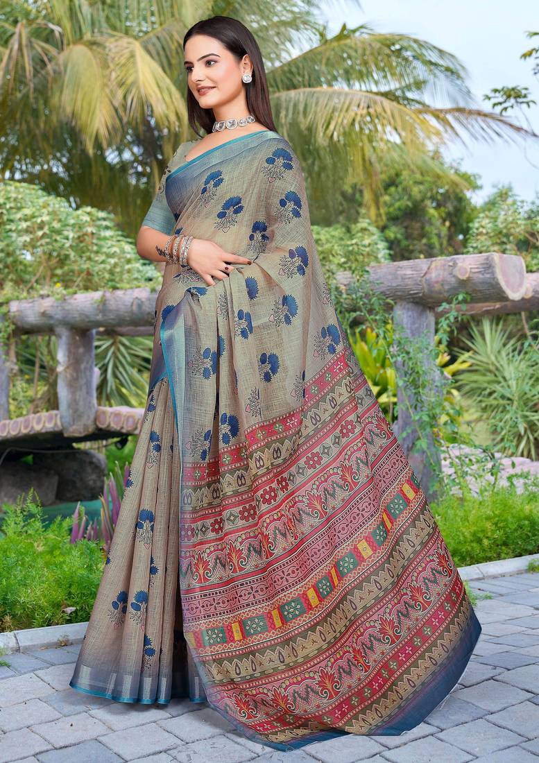 grey blue cotton blend digital print saree (sfcl111)