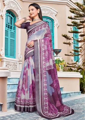 purple white cotton blend saree with floral border print 1