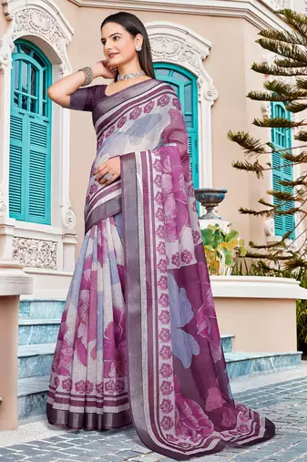 purple white cotton blend saree with floral border print