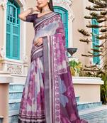purple white cotton blend saree with floral border print