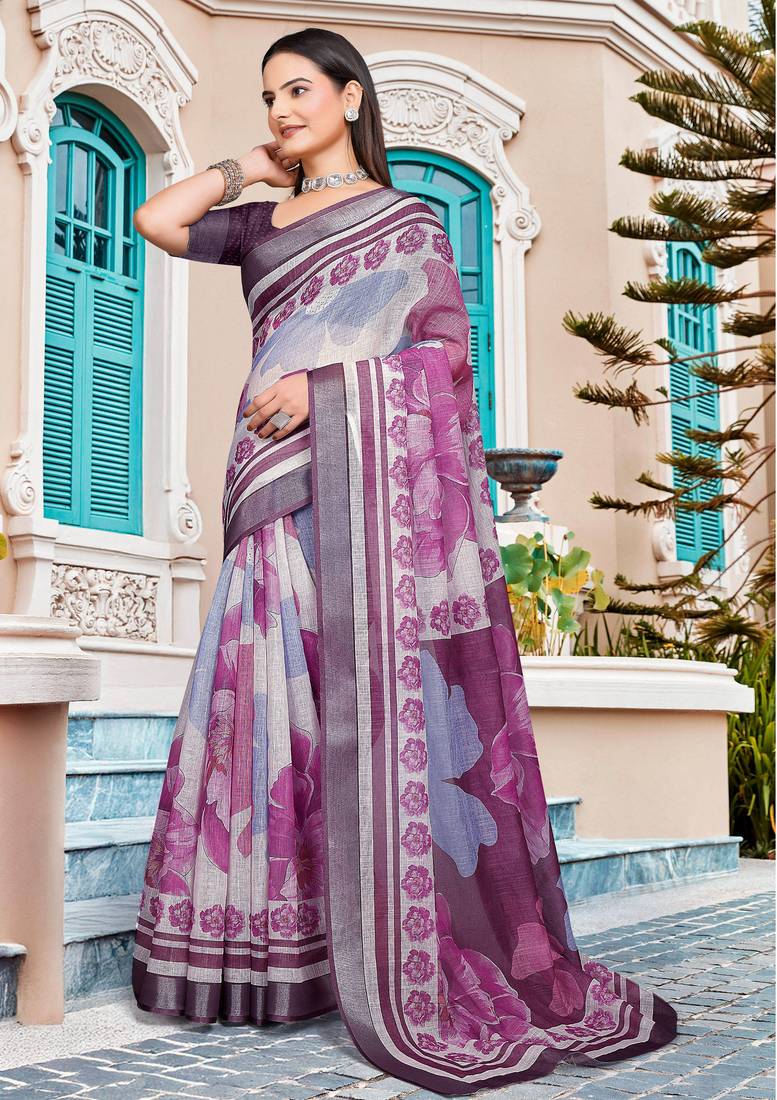 purple white cotton blend saree with floral border print