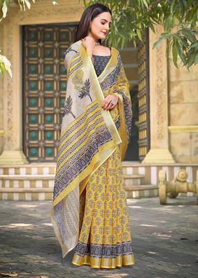 yellow grey cotton blend digital print saree 4