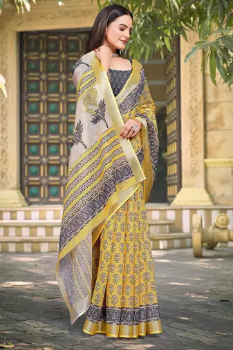 yellow grey cotton blend digital print saree