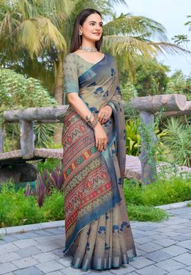 grey blue cotton blend digital print saree (sfcl111) 3