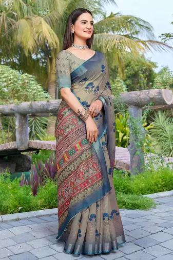 grey blue cotton blend digital print saree (sfcl111)