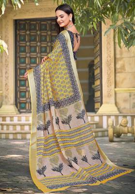 yellow grey cotton blend digital print saree 5