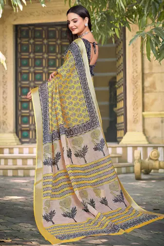 yellow grey cotton blend digital print saree