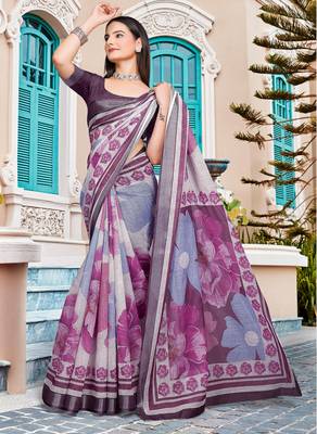 purple white cotton blend saree with floral border print 2