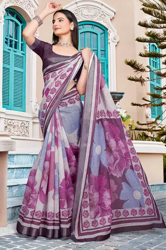 purple white cotton blend saree with floral border print