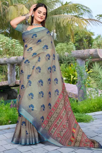 grey blue cotton blend digital print saree (sfcl111)