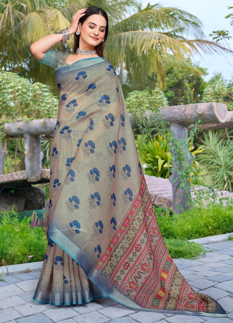 grey blue cotton blend digital print saree (sfcl111)