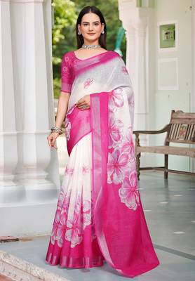 pink white cotton blend saree with floral print 1