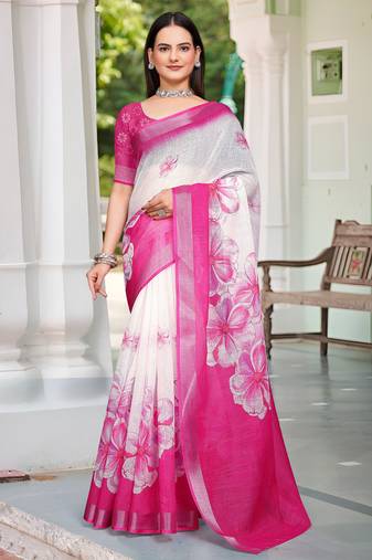 pink white cotton blend saree with floral print
