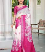 pink white cotton blend saree with floral print