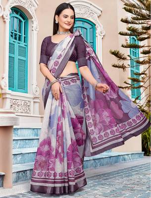 purple white cotton blend saree with floral border print 3
