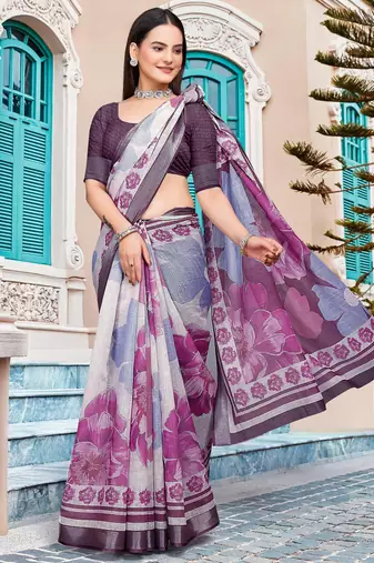 purple white cotton blend saree with floral border print