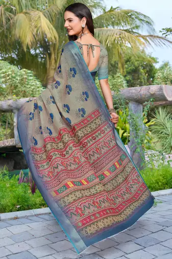grey blue cotton blend digital print saree (sfcl111)